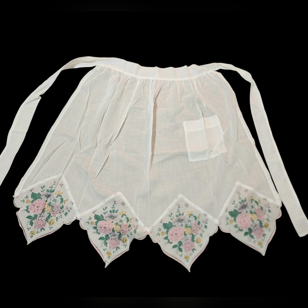 Vintage Pink Floral Sheer White Half Apron Scalloped Hemline